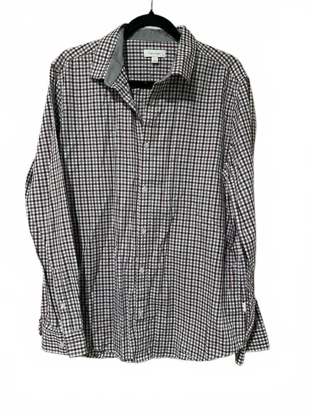 Calvin Klein Men’s Burgundy and White Check Button-Down Shirt